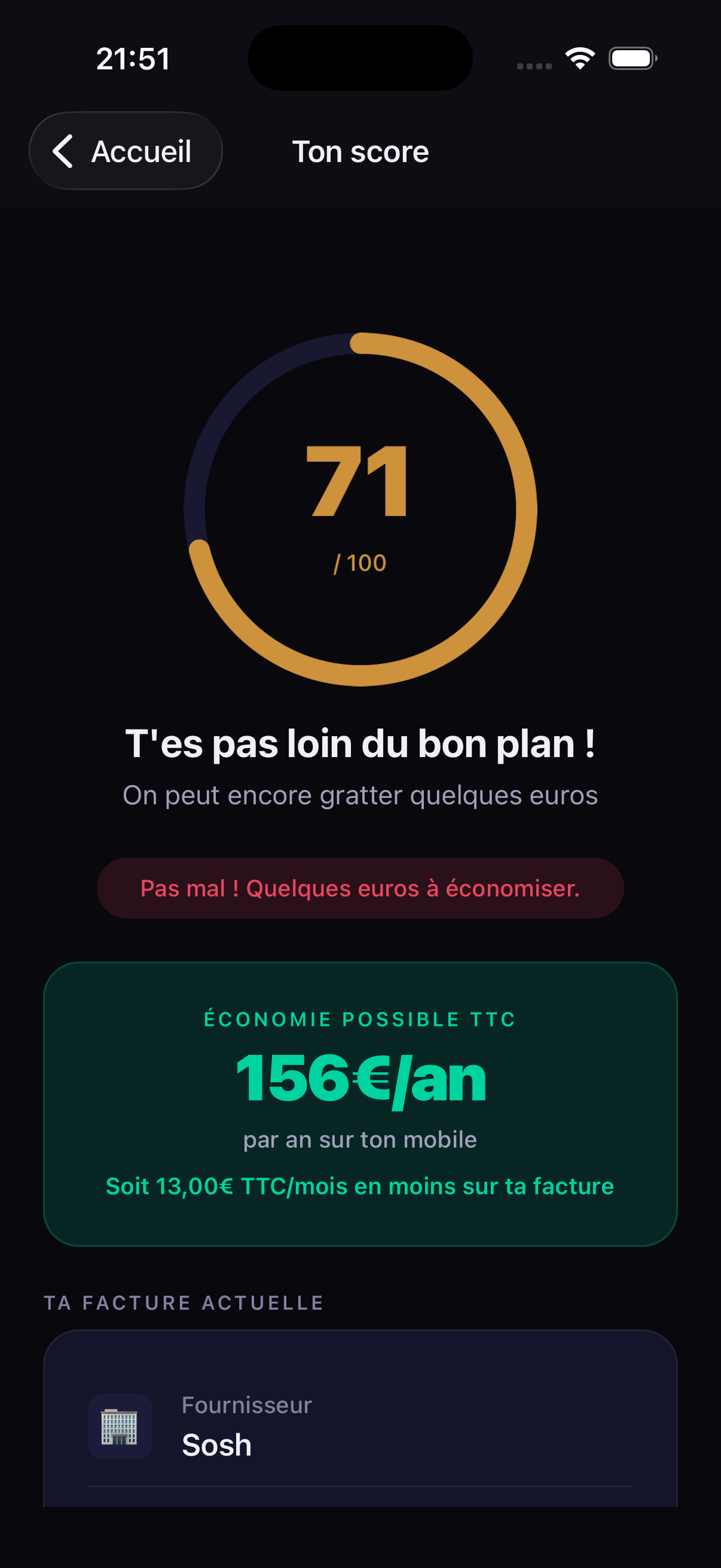 Le Portier — score 71/100, &eacute;conomie possible 156 euros par an sur facture mobile Sosh